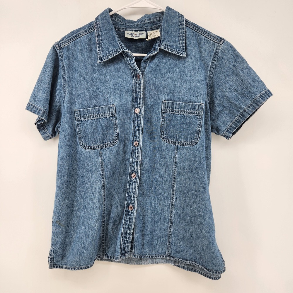 Faded Glory Jeans Co Womens Large Denim Button Down Shirt Short Sleeve Blue VTG - Picture 3 of 4